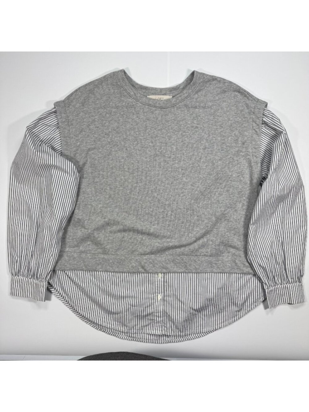 Loft Mixed Media Sweatshirt Womens L Gray Knitted Layered Preppy Career Academia